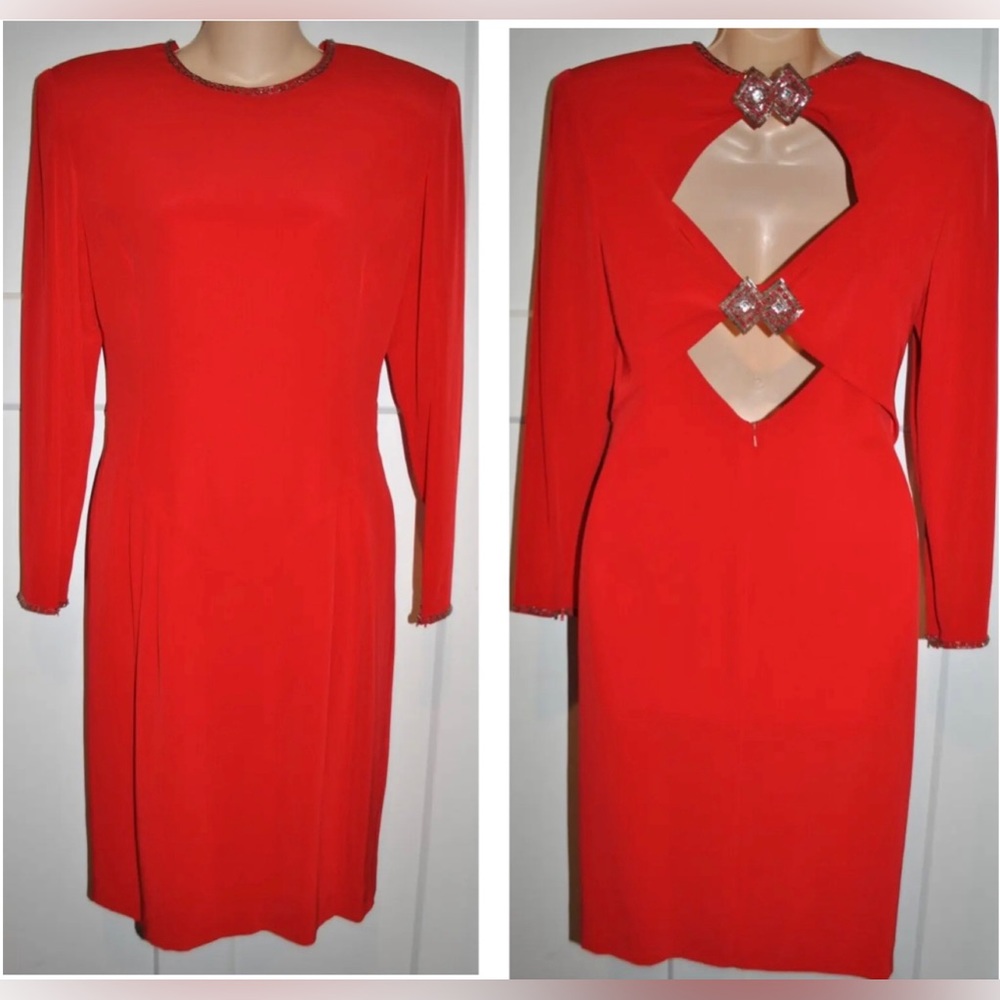 D’ORE By Delia Roufagali Vintage Dress Beaded Sleeves Neckline Cut Out Back 6